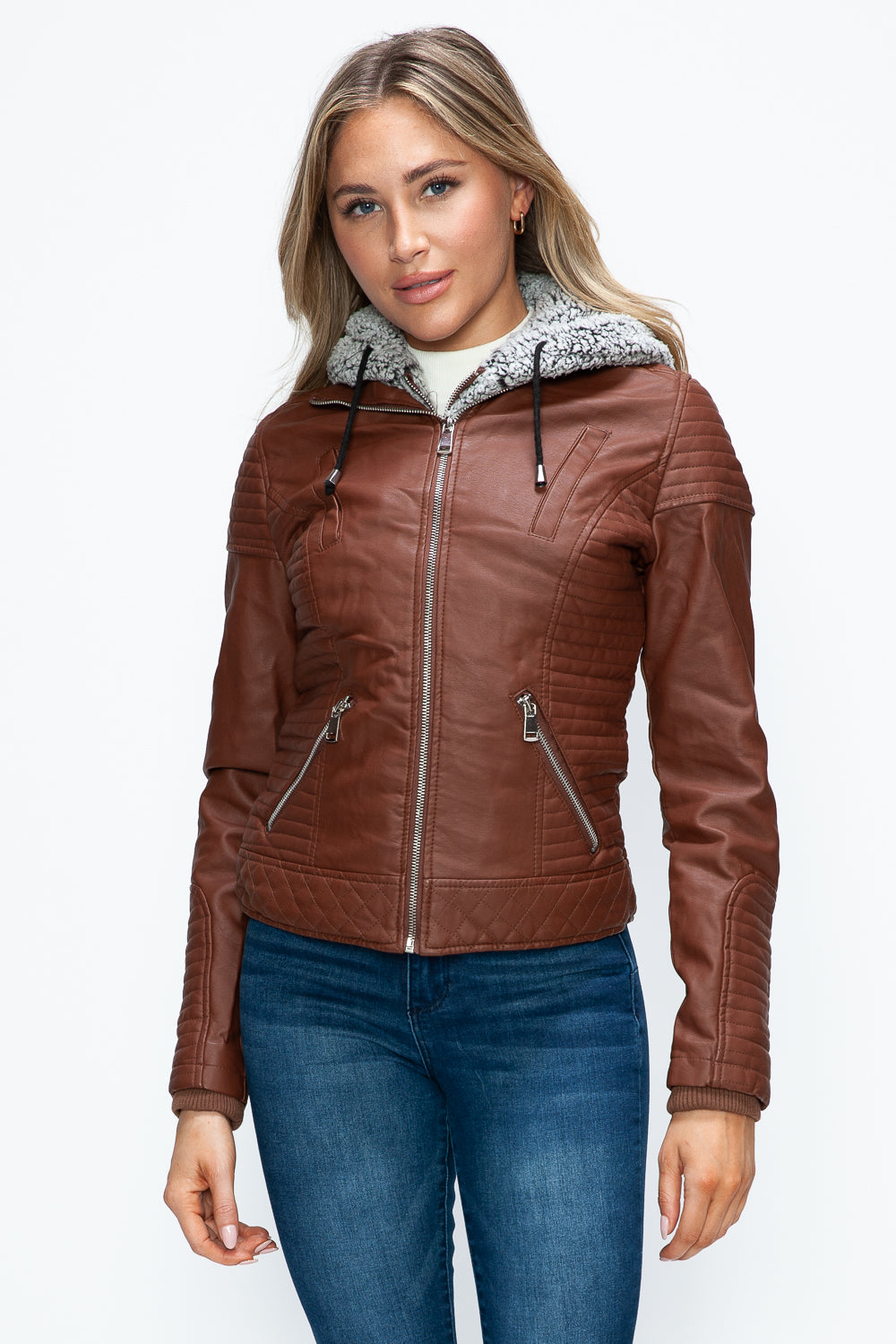 YMI Faux Layered Double-Zipper Jacket with Fuzzy Hood Brandy