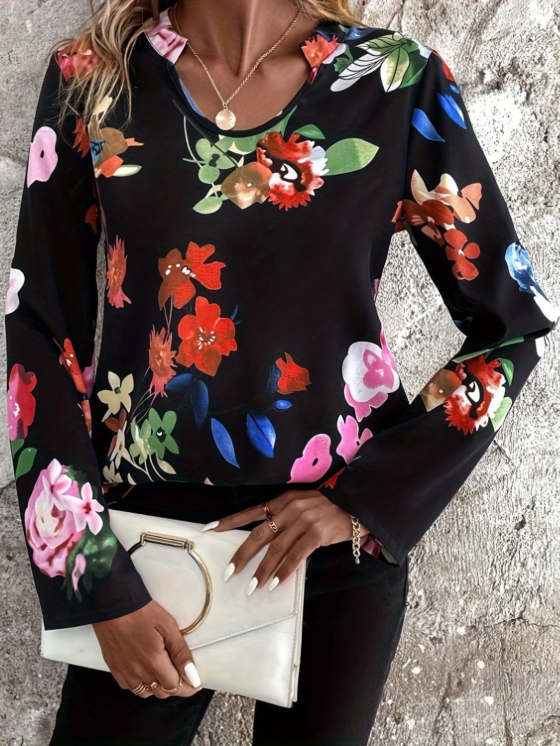 Printed Notched Long Sleeve Blouse