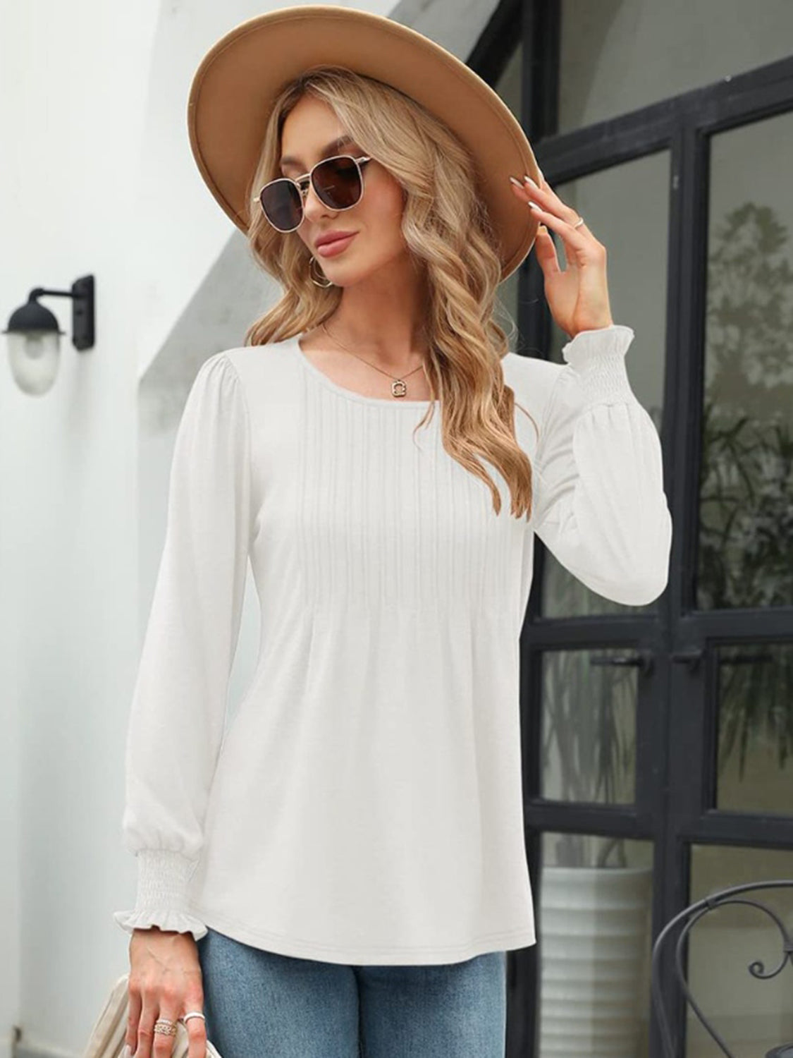 Smocked Round Neck Lantern Sleeve Blouse White