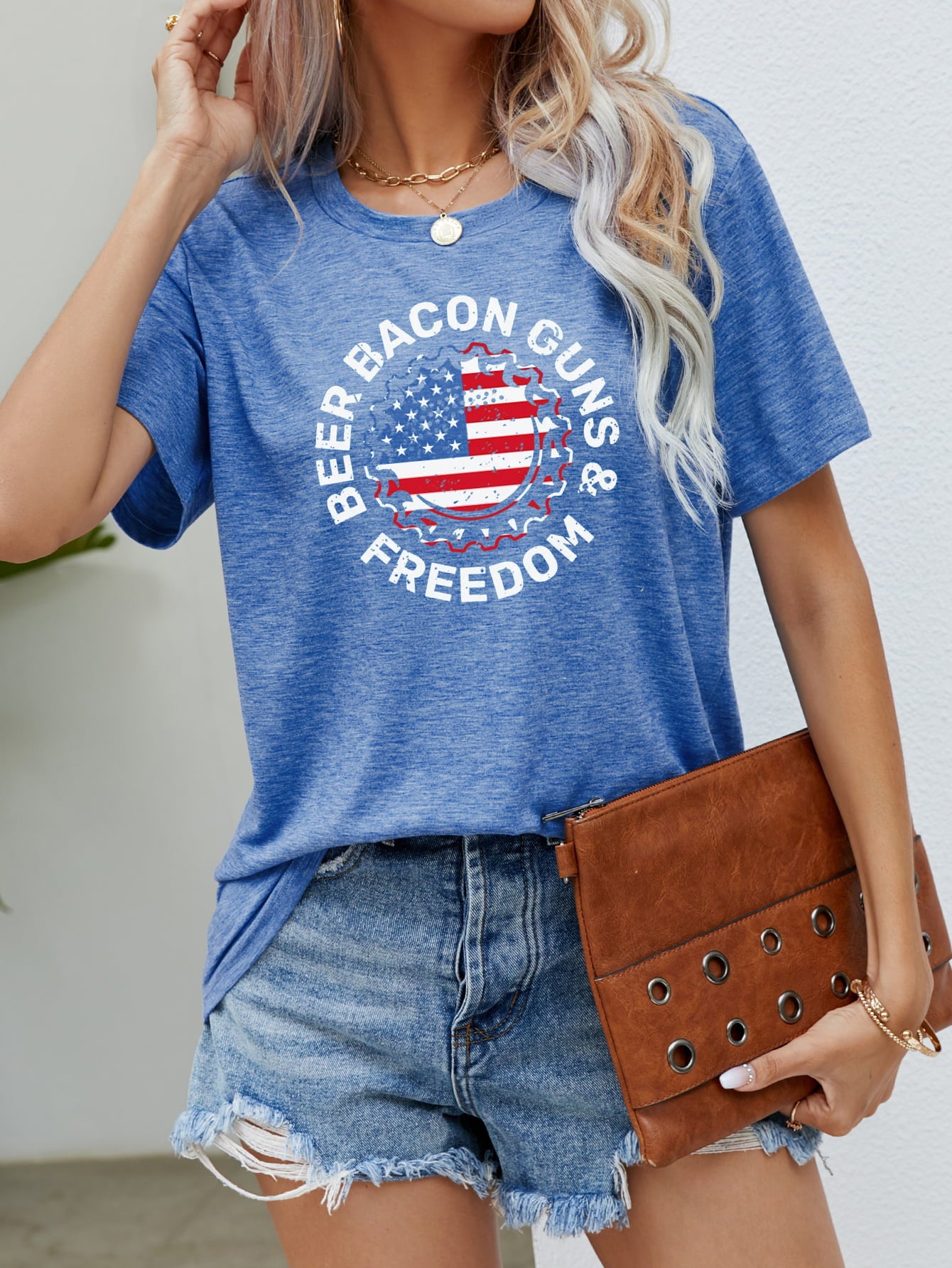 Flag Tee with Beer, Bacon & Freedom Cobalt Blue