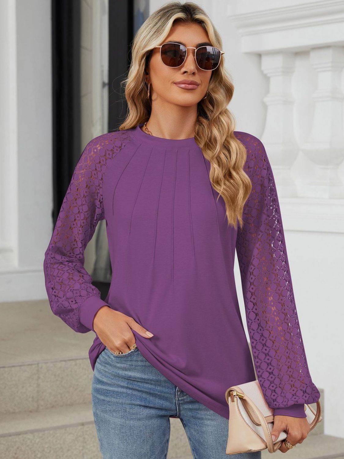 Round Neck Lace Long Sleeve Top Mauve