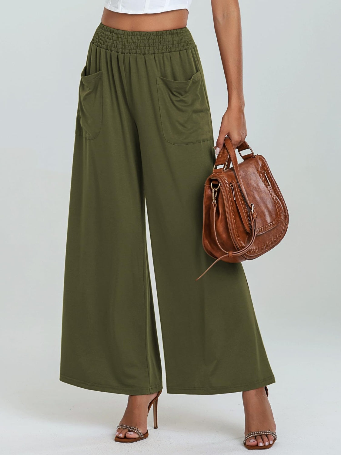 Pocketed Elastic Waist Wide Leg Pants Moss