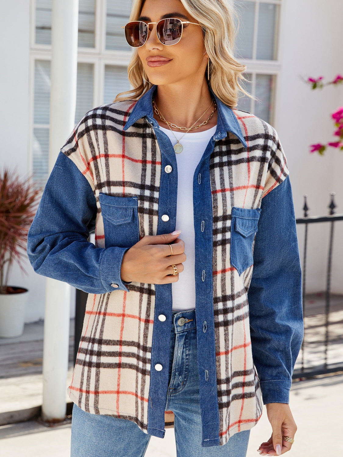 Plaid Denim Jacket Dusty Blue