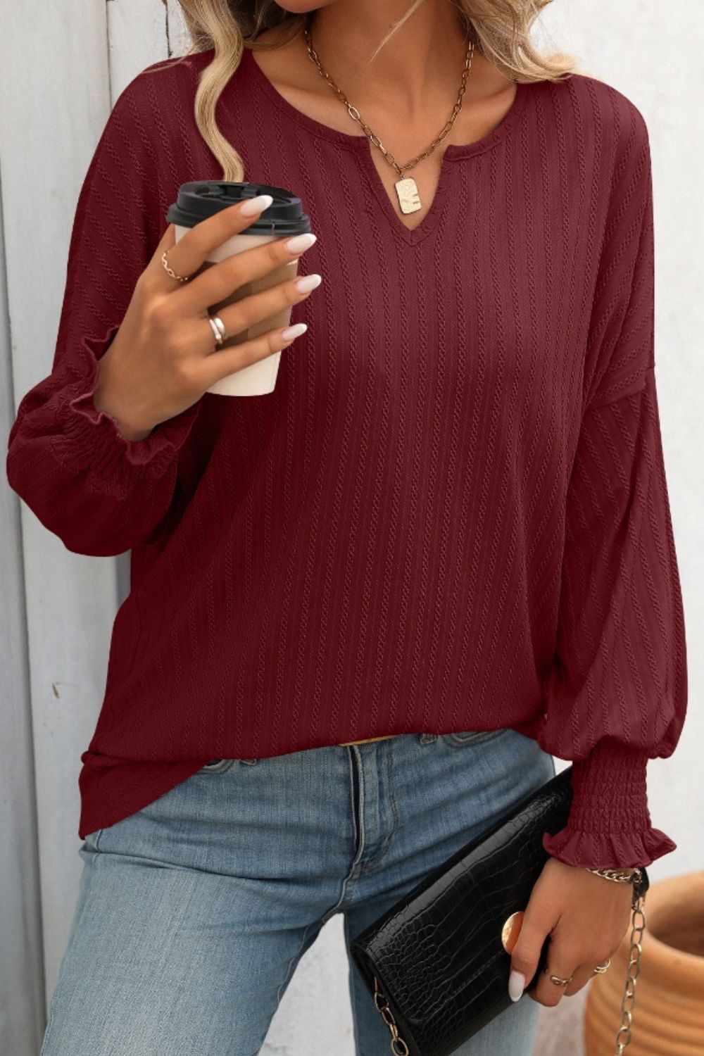 Textured Lantern Sleeve Top