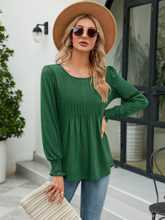 Smocked Round Neck Lantern Sleeve Blouse Green