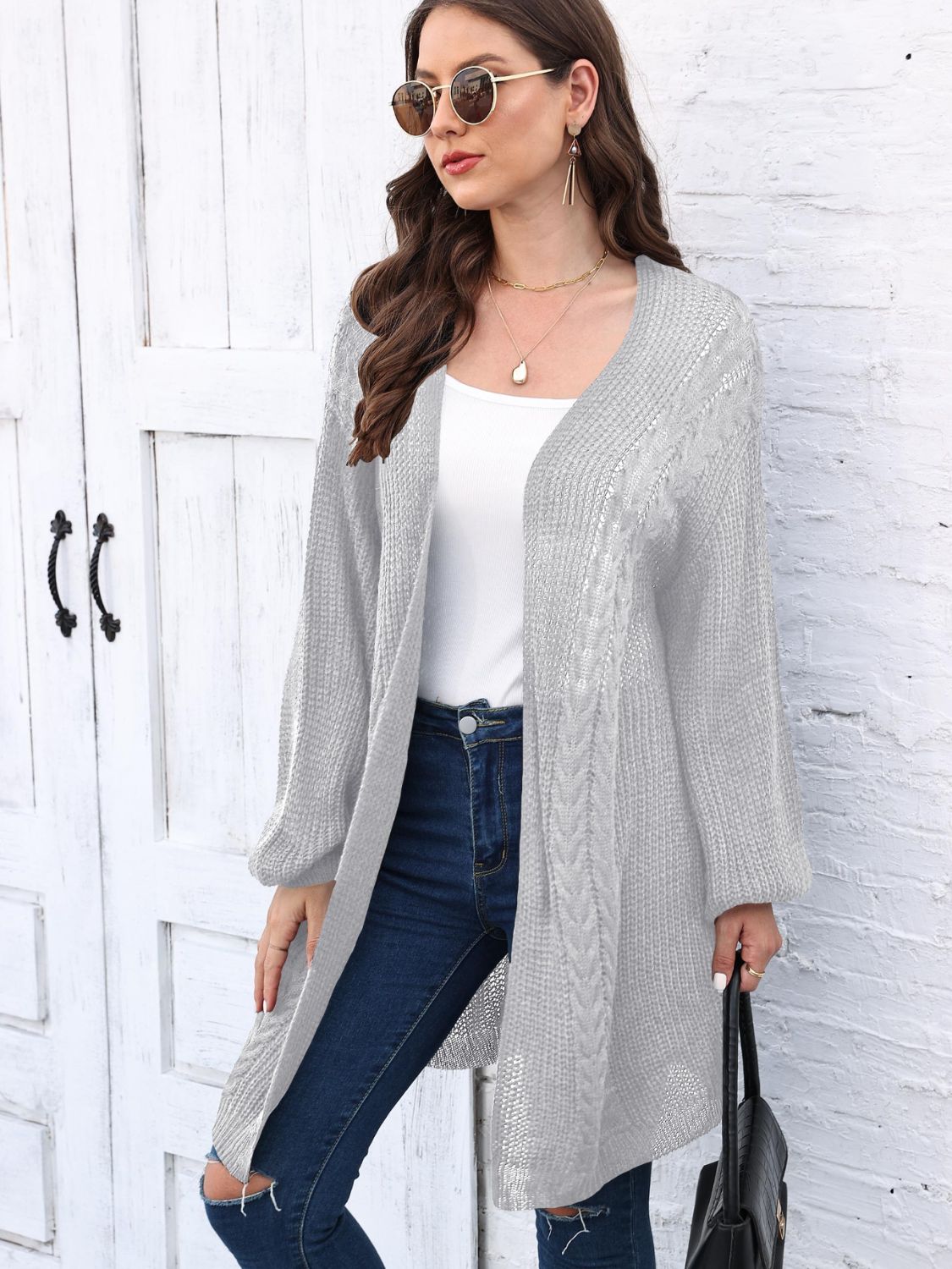 Cable-Knit Open Front Long Sleeve Cardigan Light Gray One Size