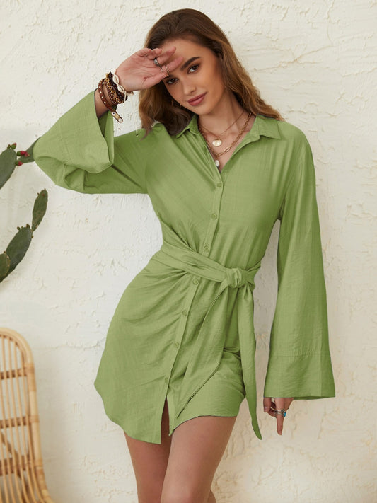 Collared Button-Down Mini Shirt Dress Matcha Green