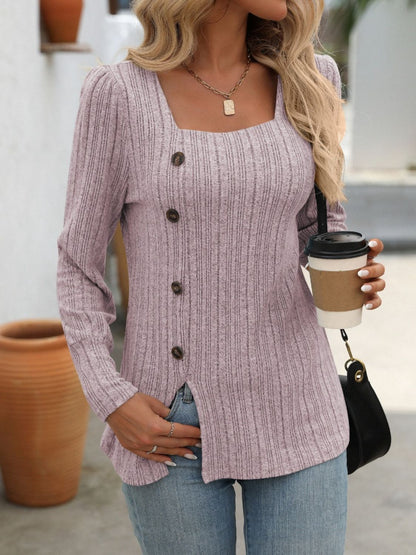 Striped Button-Up Square Neck Top