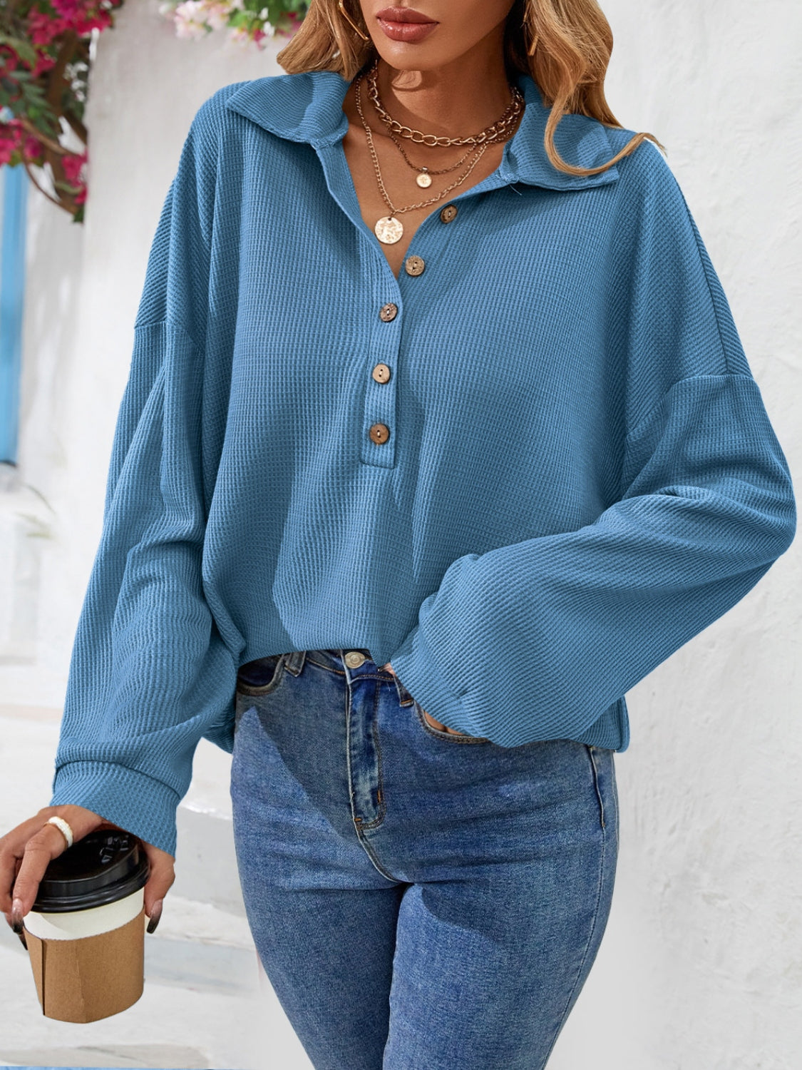 Half Button Collared Neck Long Sleeve Top Dusty Blue