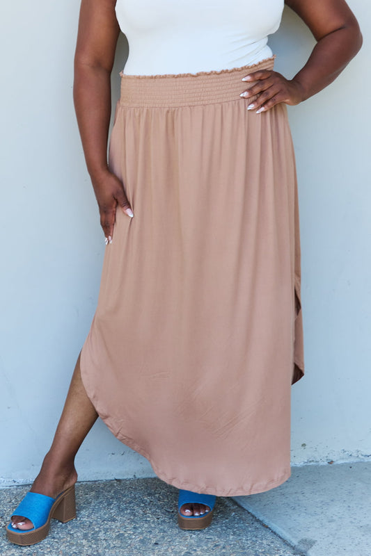 Doublju Comfort Princess Full Size High Waist Scoop Hem Maxi Skirt in Tan Khaki