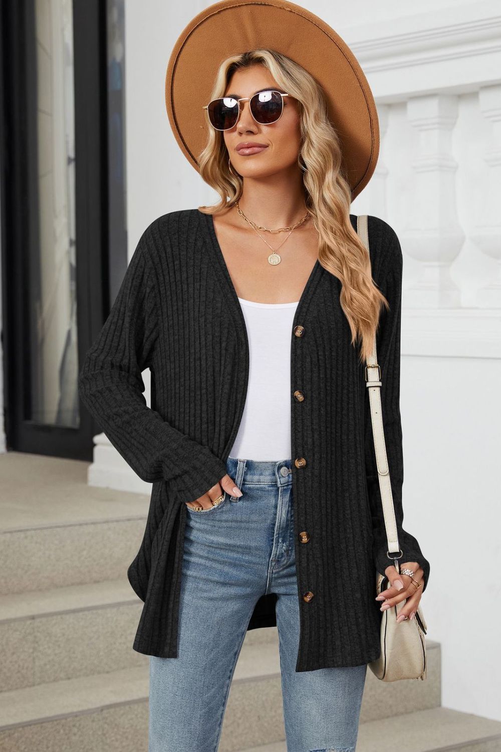 Ribbed Button Up Long Sleeve Cardigan Black