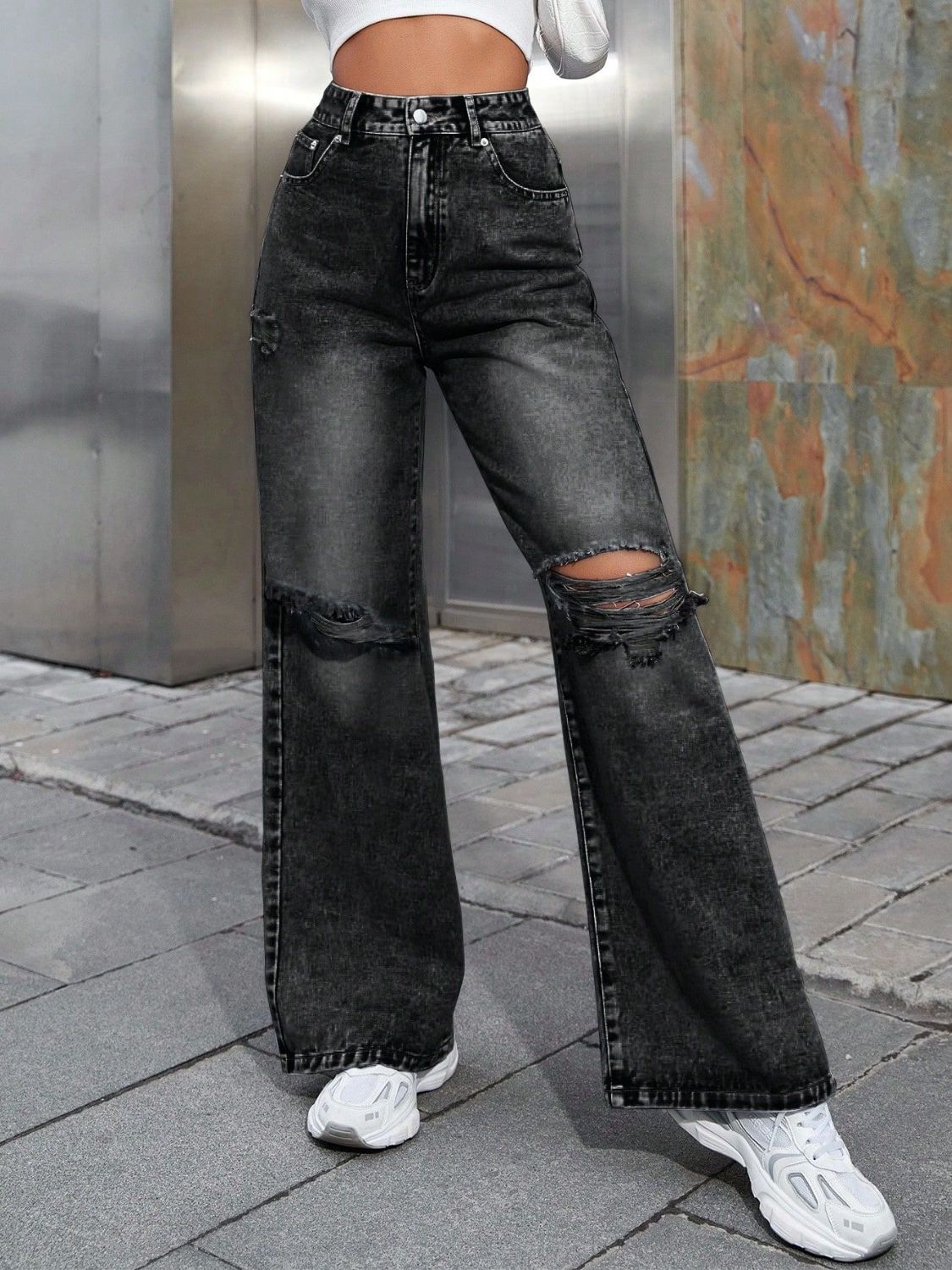 Distressed Wide Leg Jeans with Pockets Dark Gray