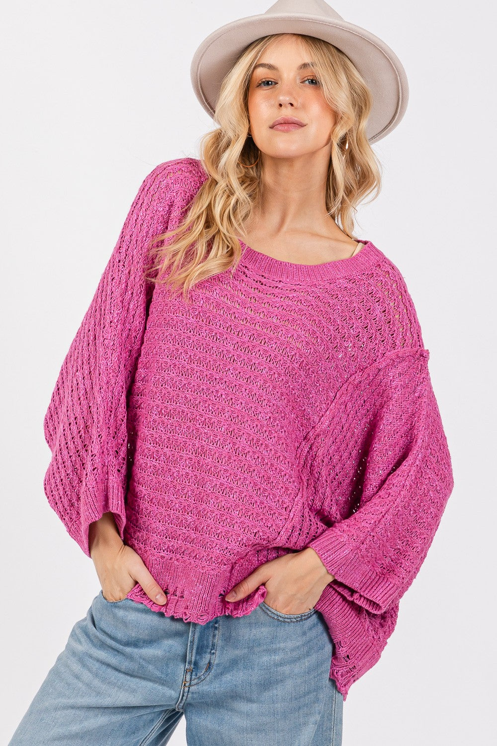 SAGE + FIG Distressed Asymmetrical Open Stitch Sweater Magenta