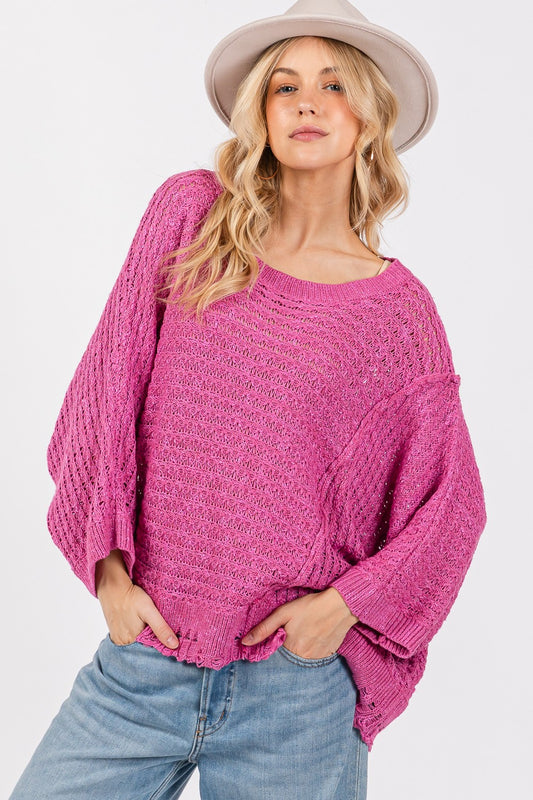 SAGE + FIG Distressed Asymmetrical Open Stitch Sweater Magenta