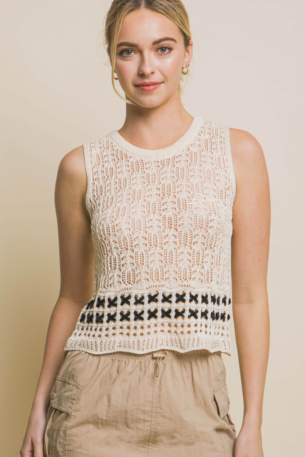 Love Tree Contrast line Openwork Knit Tank Natural