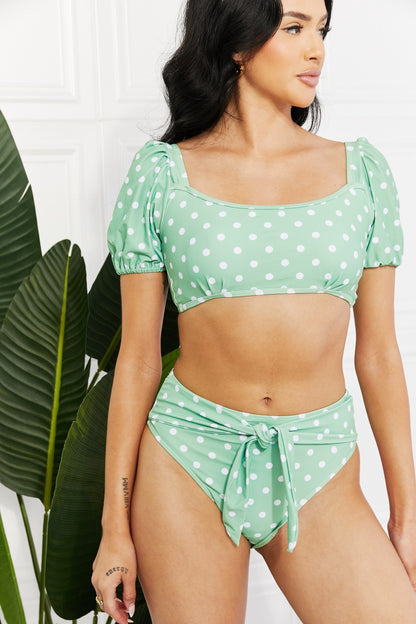 Puff Sleeve Polka Dot Bikini with Mid Rise Bottoms