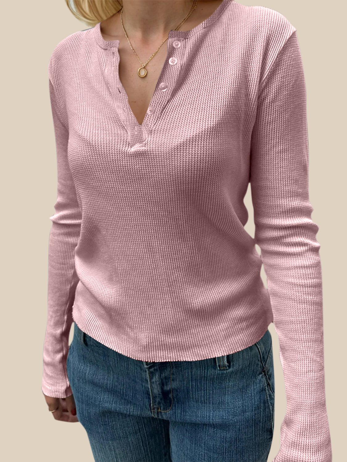 Devine Quarter Button Long Sleeve T-Shirt Dusty Pink