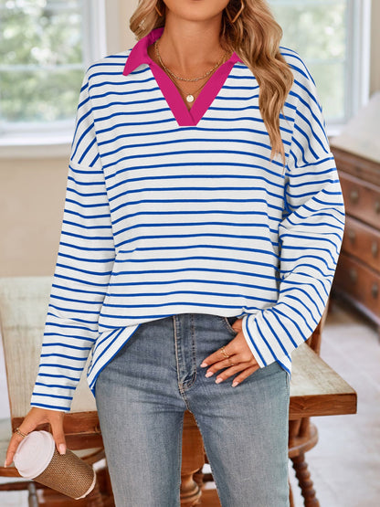 Lovelet Striped Johnny Collar Long Sleeve T-Shirt