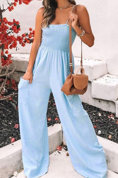 Smocked Spaghetti Strap Wide Leg Jumpsuit Light Blue