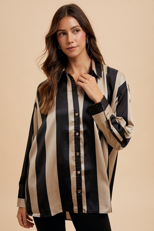 Annie Wear Striped Dropped Shoulder Button Up Shirt Black Khaki