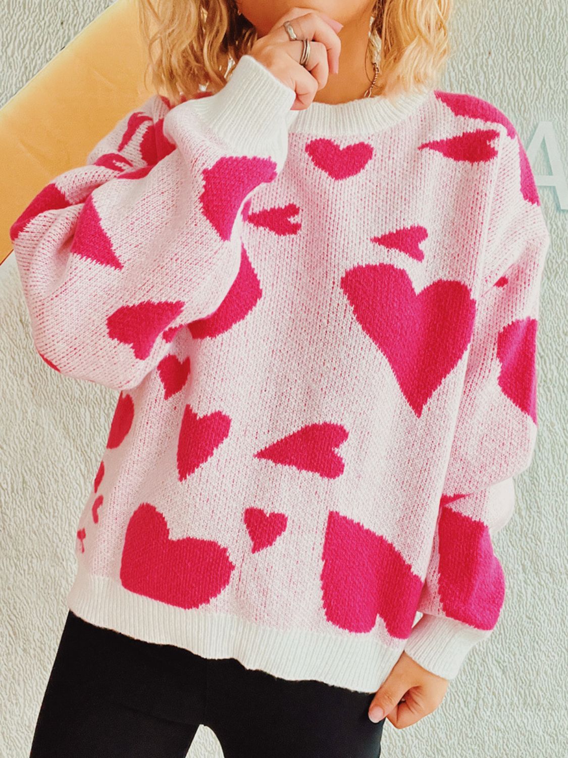 Heart Round Neck Long Sleeve Sweater Hot Pink