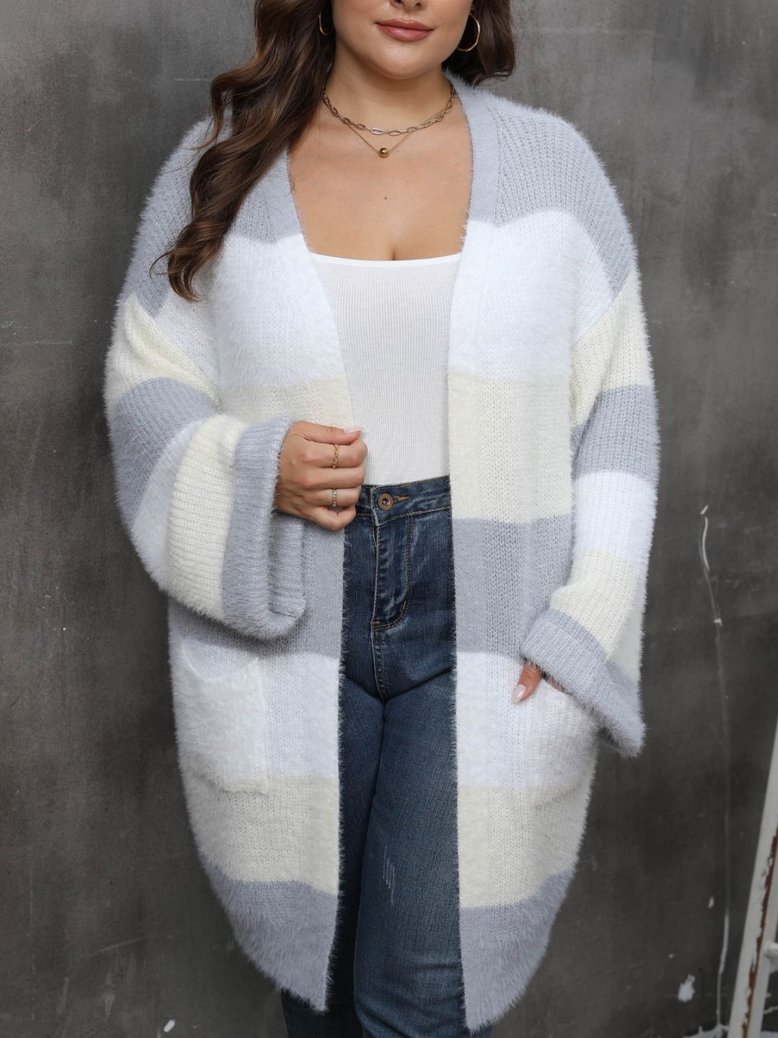 Plus Size Open Front Long Sleeve Cardigan Pastel Yellow