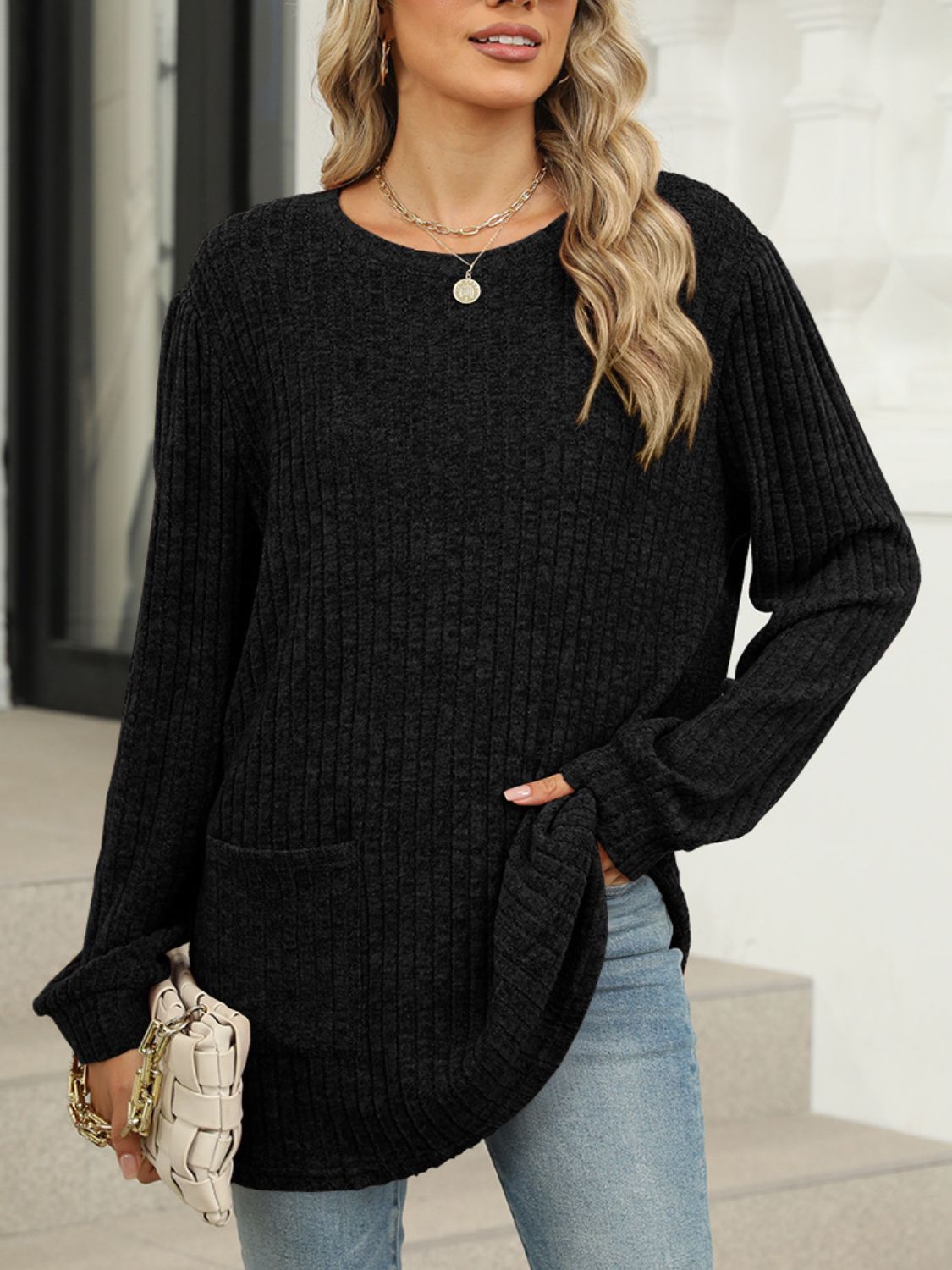 Pocketed Round Neck Long Sleeve T-Shirt Black