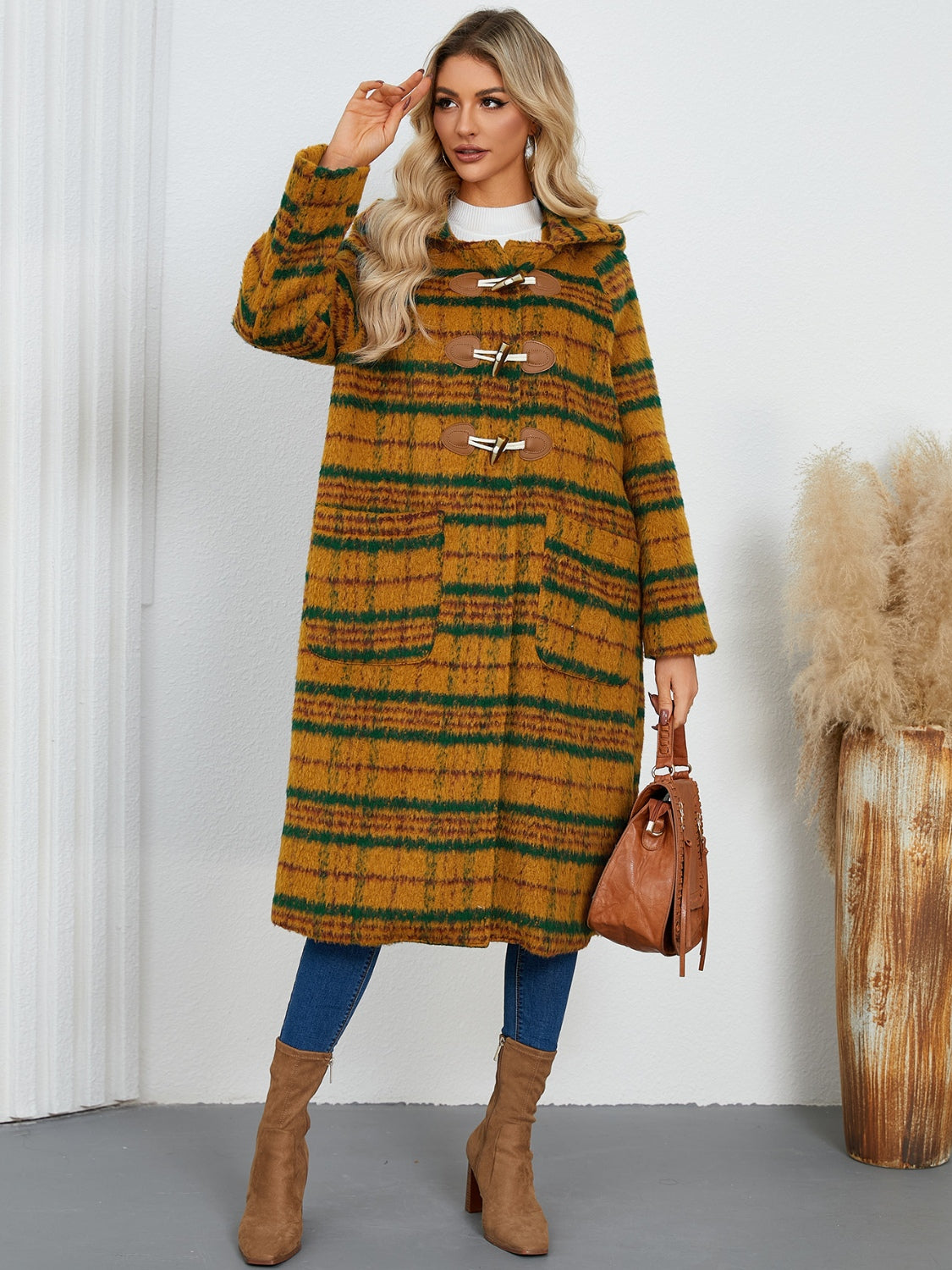 Plaid Long Sleeve Hooded Coat with Pockets