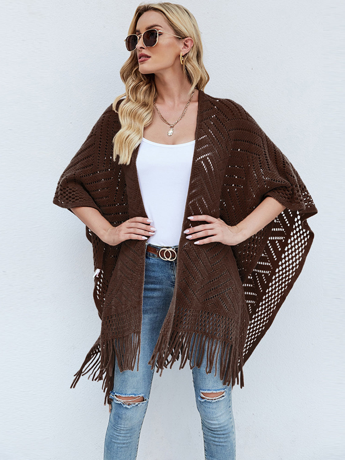 Shiny Fringe Hem Open Front Poncho Coffee Brown