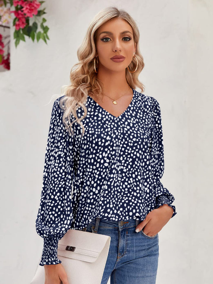 Printed V-Neck Lantern Sleeve Blouse Dark Blue