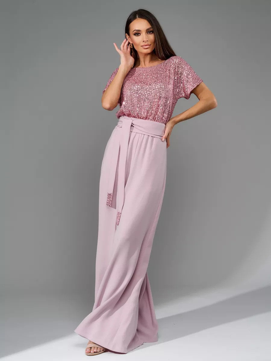 Full Size Sequin Round Neck Short Sleeve Wide Leg Jumpsuit Dusty Pink