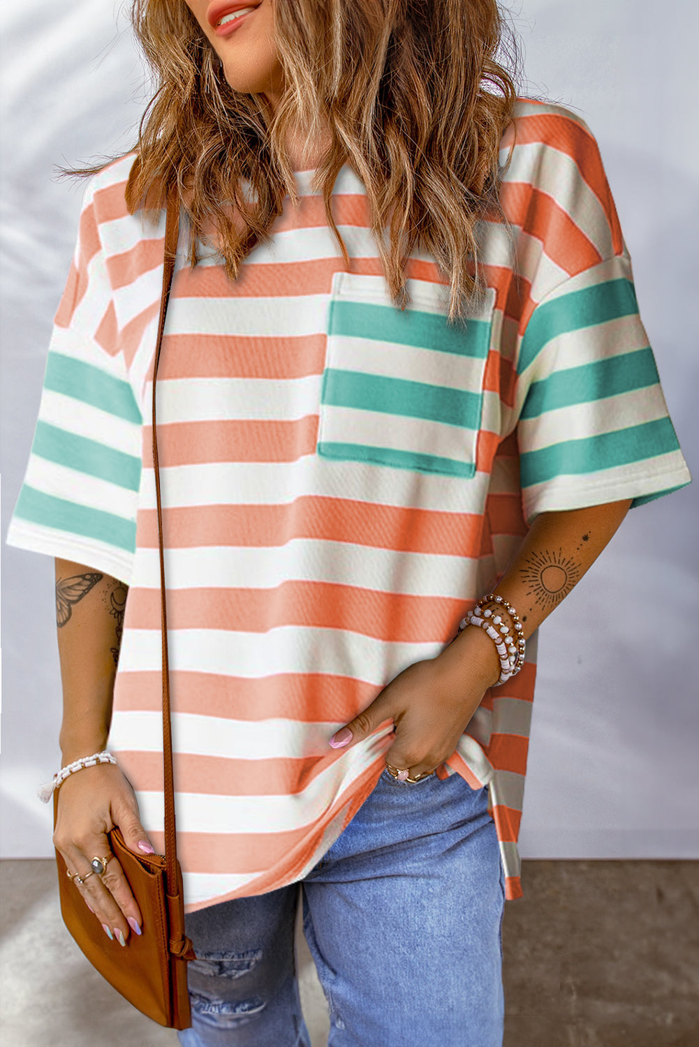 Striped Round Neck Half Sleeve T-Shirt Tangerine