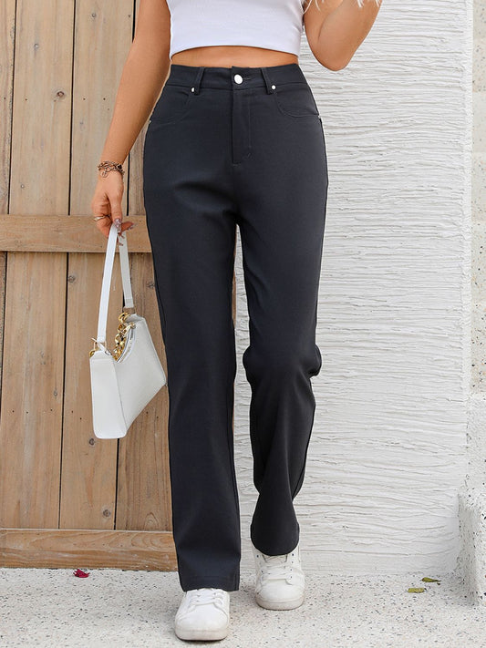 Pocketed High Waist Straight Pants Dark Gray