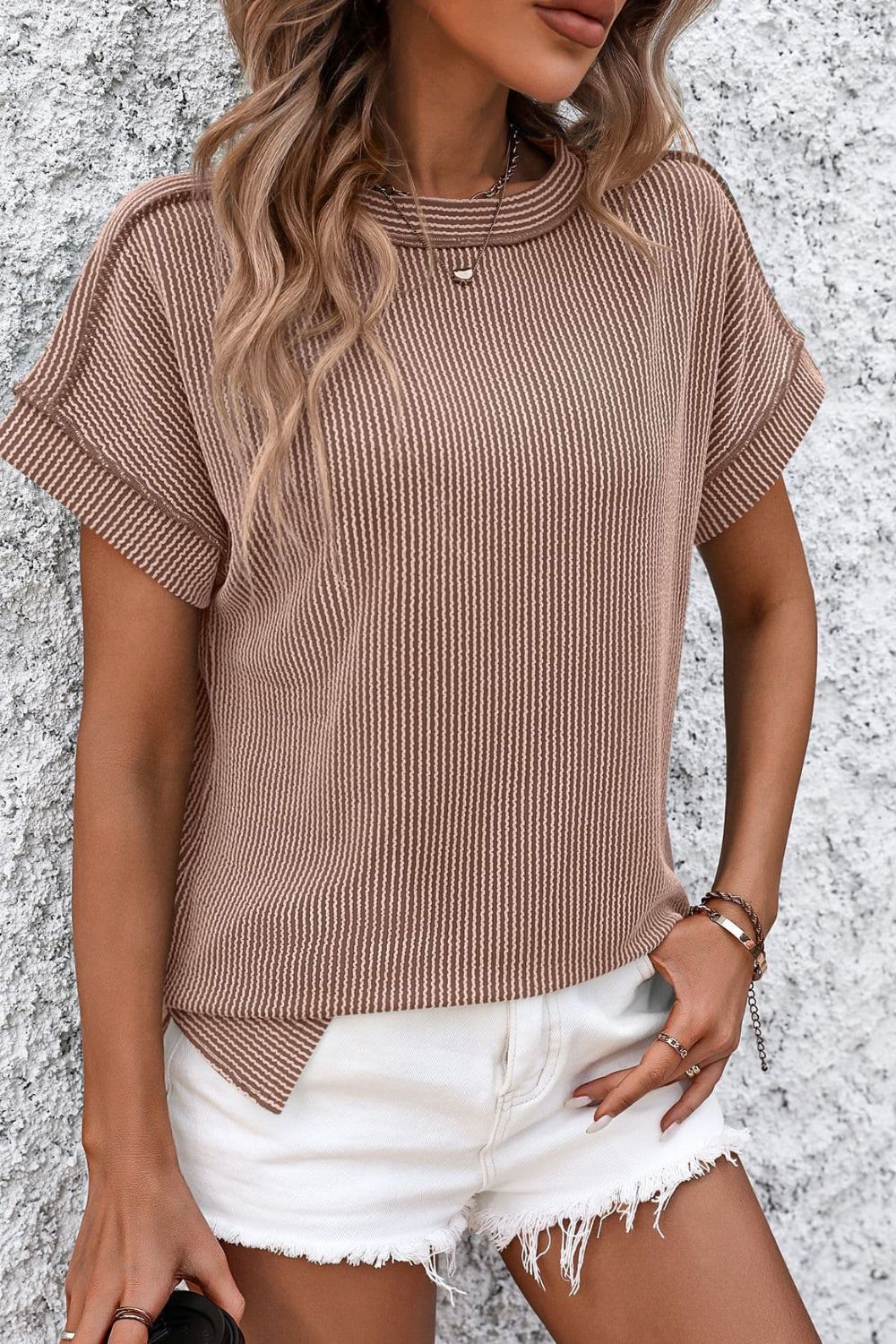 Relaxed Fit Striped Crewneck Tee Camel