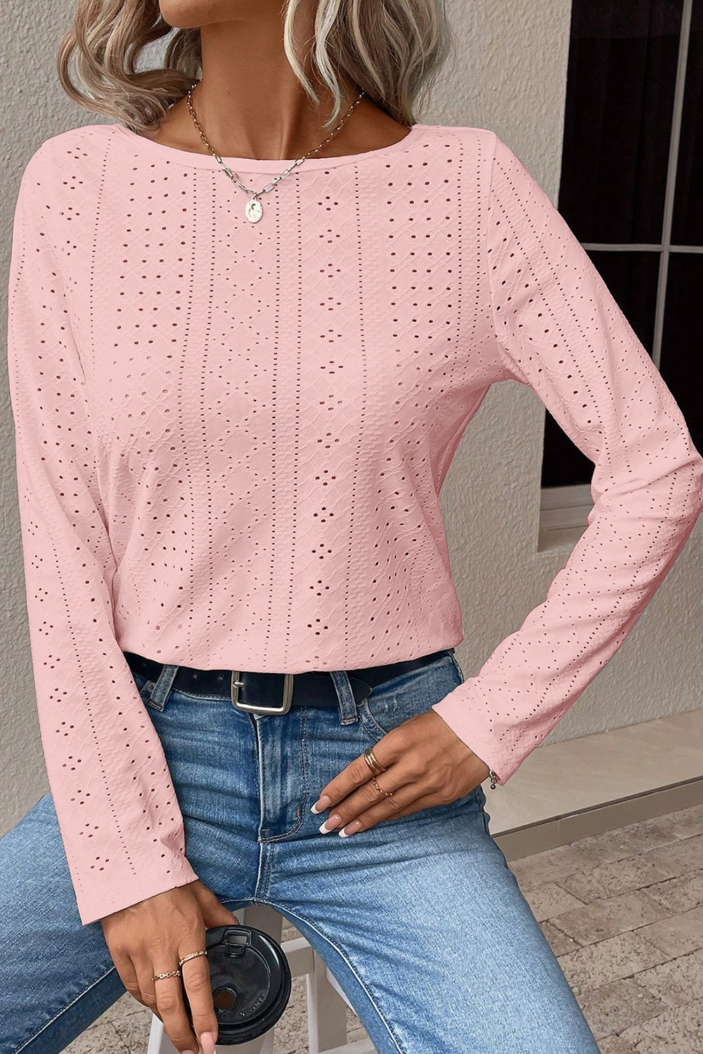 V-Neck Lace Detail Long Sleeve Blouse Blush Pink