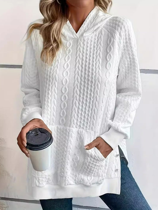 Plus Size Texture Long Sleeve Hoodie White