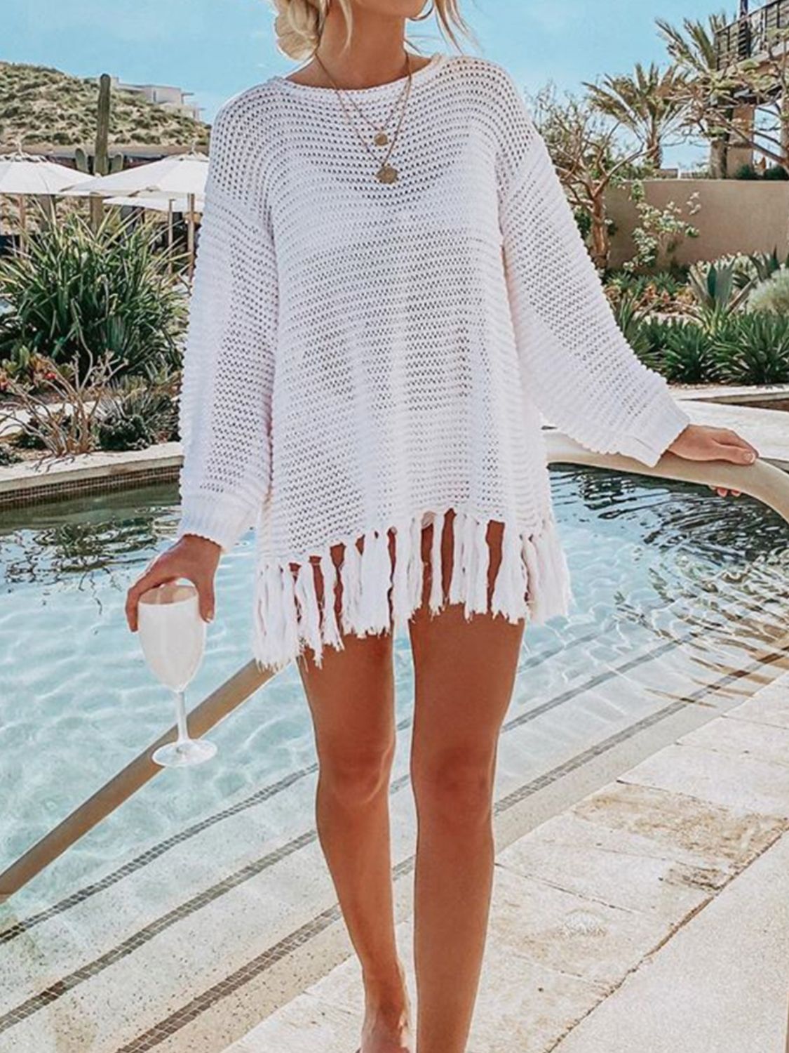 Boho Openwork Tassel Hem Knit Kimono