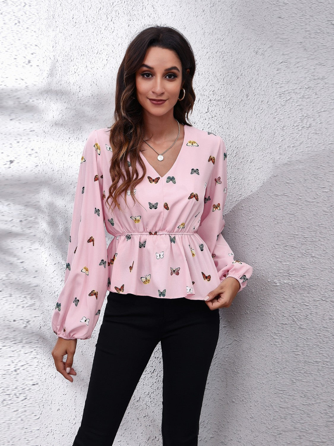 Butterfly V-Neck Balloon Sleeve Peplum Blouse Blush Pink