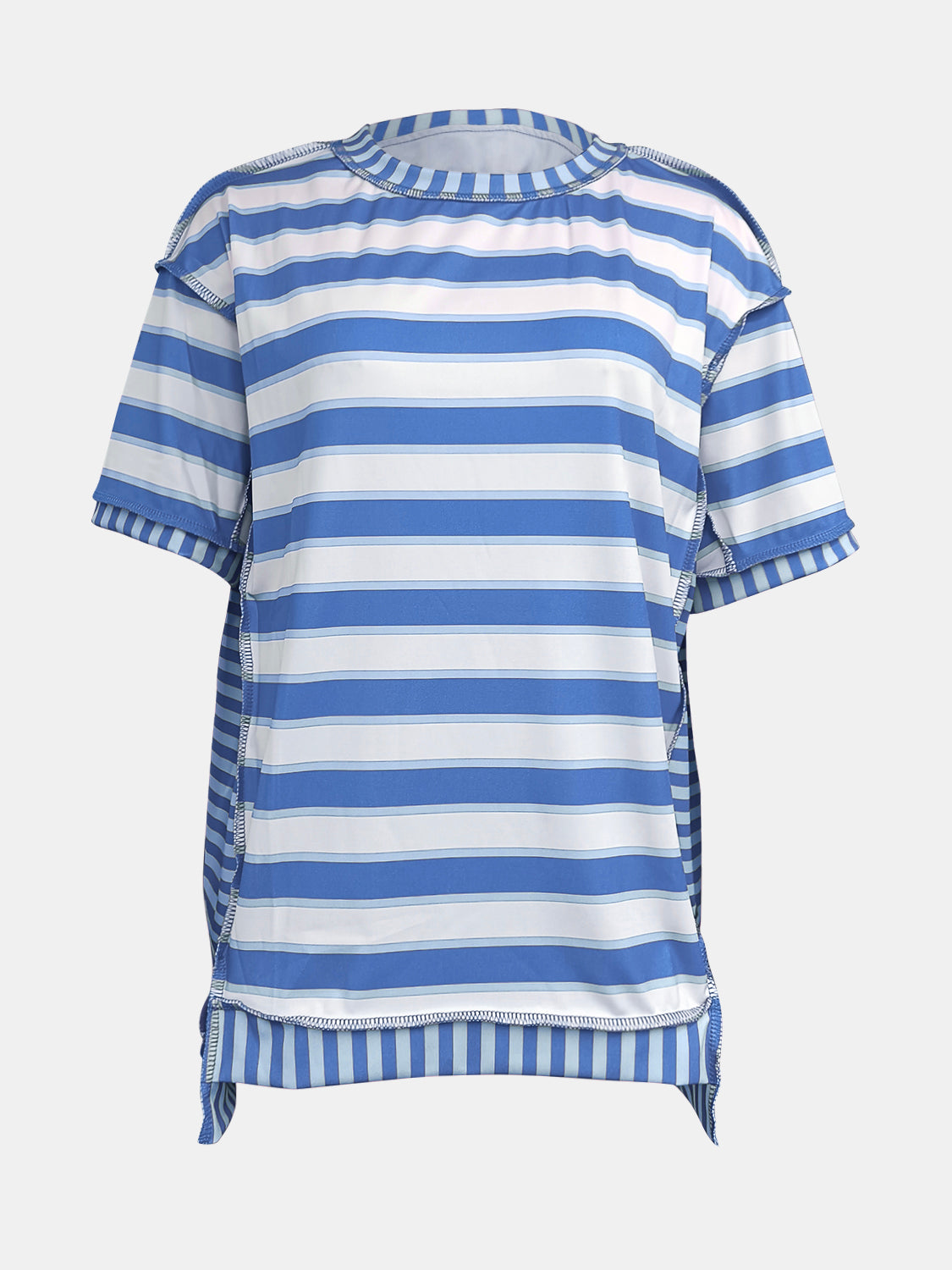 Full Size Contrast Stitching Striped Round Neck T-Shirt Blue
