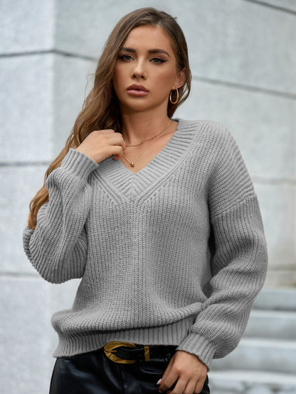 V-Neck Dropped Shoulder Long Sleeve Sweater Dark Gray