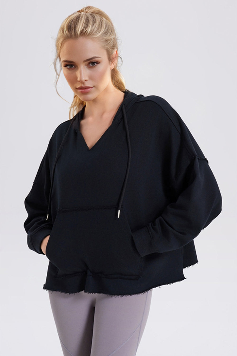 Basic Bae Drawstring Frayed Hem Long Sleeve Hoodie Black