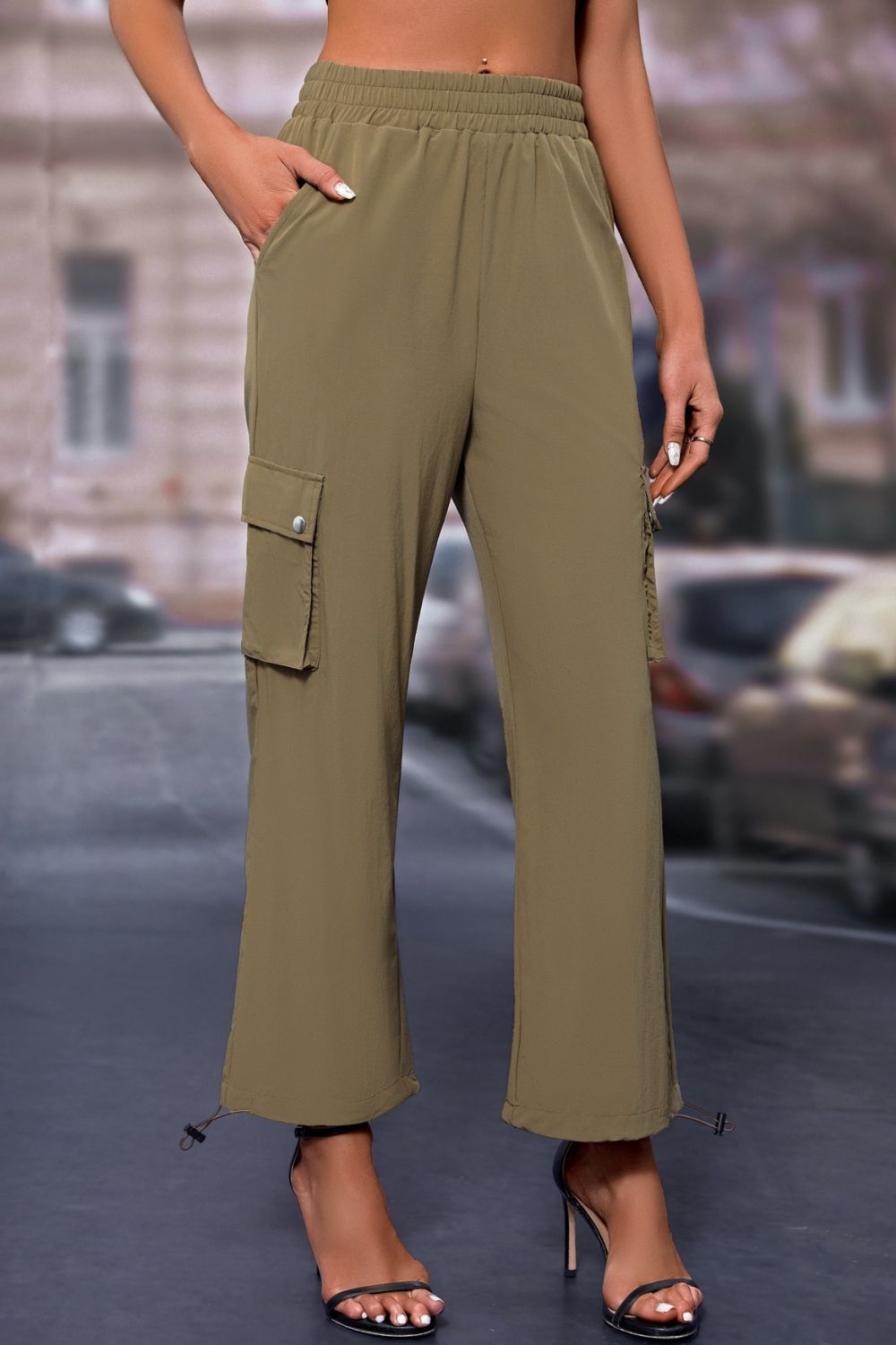 Elastic Waist Pants with Pockets Olive