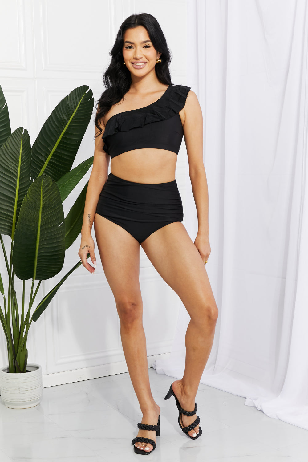 Black One-Shoulder Ruffle High-Waisted Bikini