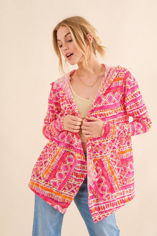 And The Why Full Size Printed Thermal Hooded Open Front Cardigan Coral Multi