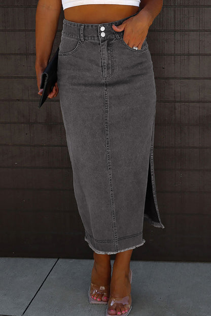 Raw Hem Slit Pocketed Midi Denim Skirt Dark