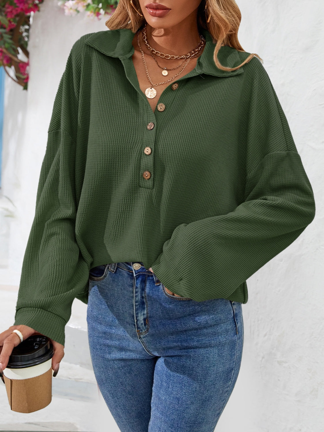 Half Button Collared Neck Long Sleeve Top Army Green