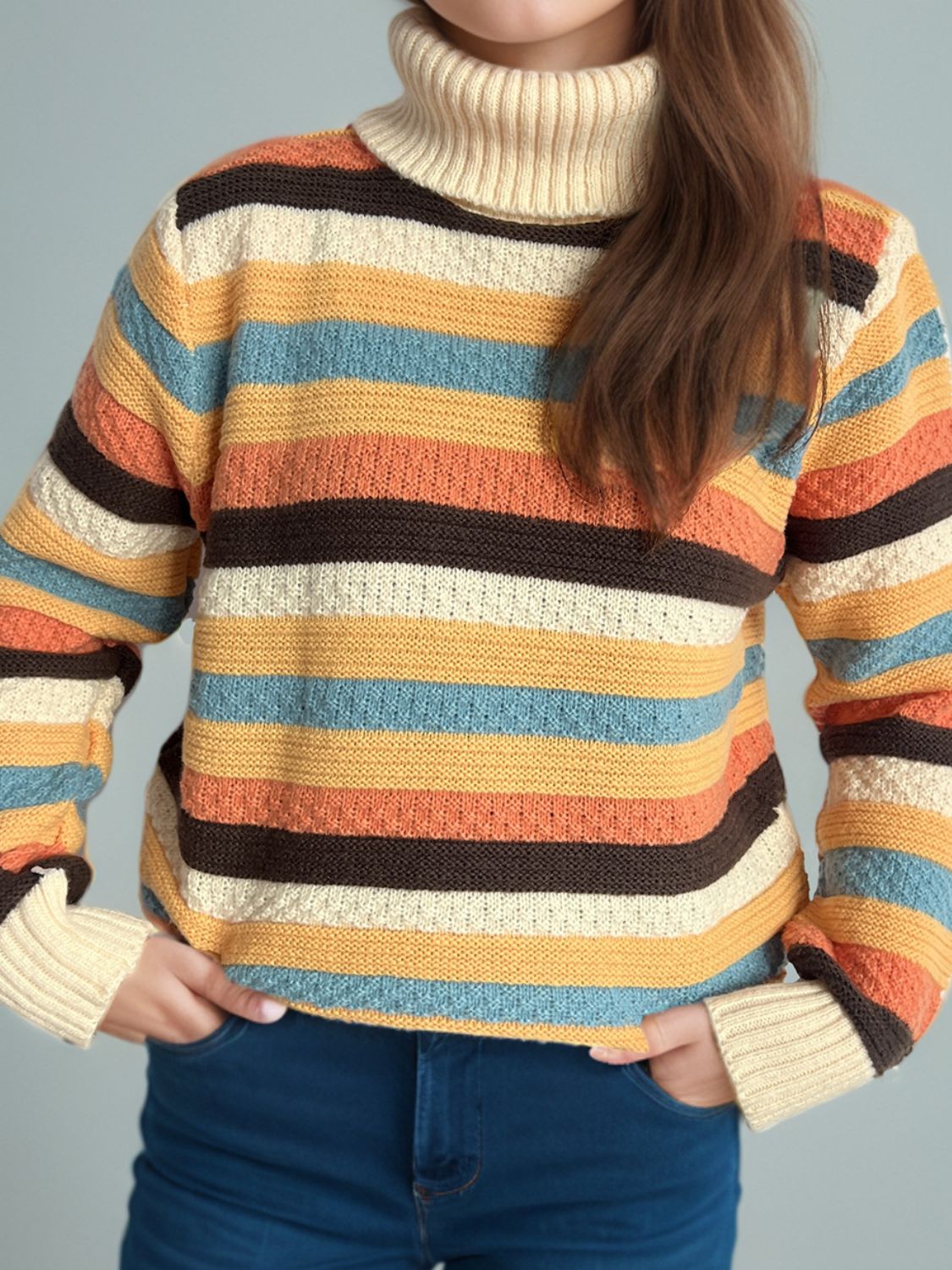 Contrast Stripes Turtleneck Long Sleeve Sweater Pastel Yellow One Size