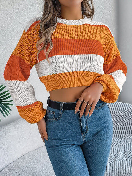 Color Block Round Neck Cropped Sweater Tangerine