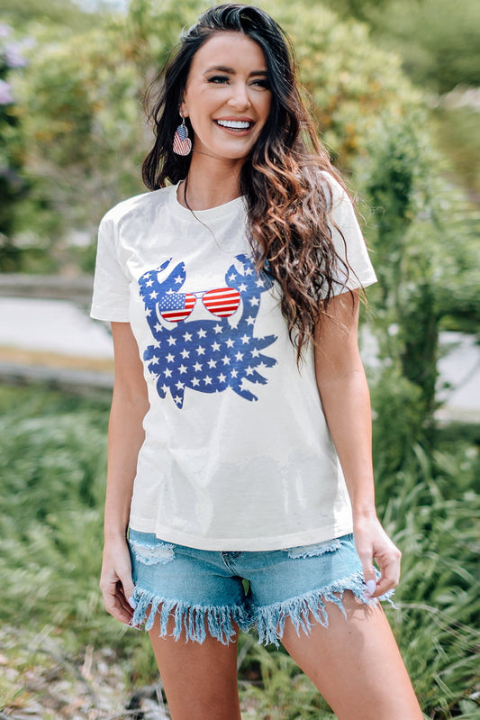 US Flag Crab Graphic Round Neck Tee White