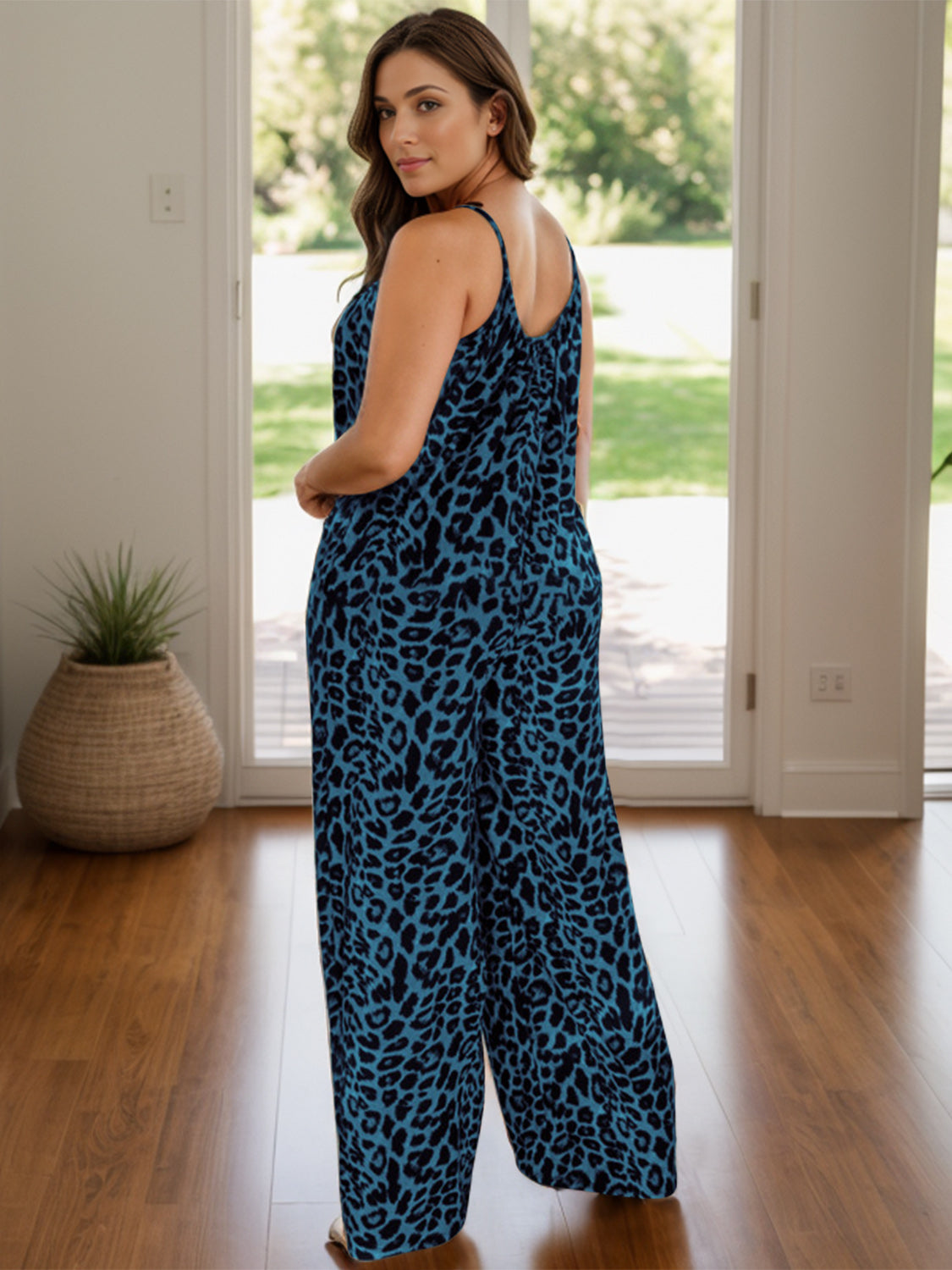 Full Size Leopard Scoop Neck Wide Leg Jumpsuit Deep Teal